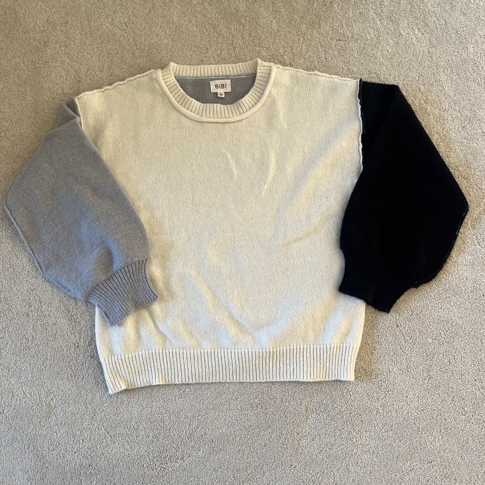 Bibi Color block Tricolor Balloon Sleeve Crew Neck Sweater size L